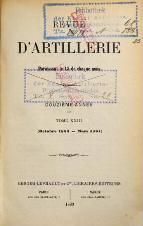 Revue d'artillerie. 23. 1883/84 = Année 12