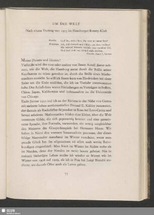 Um Die Welt : Nach einem Vortrag von 1933 im Hamburger Rotary-Klub