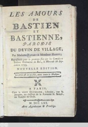Les Amours de Bastien et Bastienne : Parodie Du Devin De Village