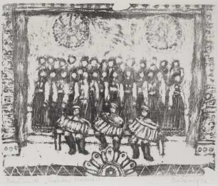 Diedering, Fritz: Bratsker Volkschor. Lithografie; 29 x 35 cm. 1976. Chemnitz: Kunstarchiv der Wismut AG 80102770
