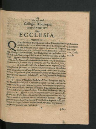 Disputatio XV. De Ecclesia.