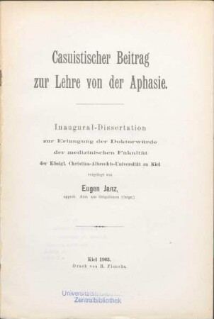 Casuistischer Beitrag zur Lehre von der Aphasie