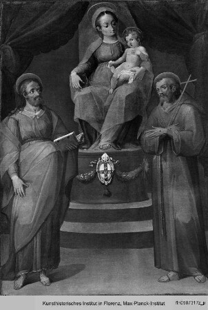 Thronende Madonna mit Kind, dem Heiligen Franziskus und einem Heiligen