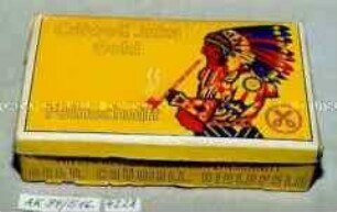 Pappschachtel für 50 Gramm Tabak "Crüwell Inka Gold Feinschnitt" (Abbildung eines rauchenden Indianers)