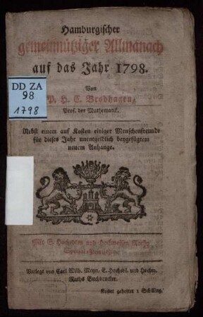 1798: Hamburgischer gemeinnütziger Allmanach auf das Jahr 1798