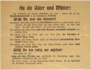 Handzettel an Eltern gegen das Verbot des Katechismusunterrichts an den Volksschulen ab Januar 1919 und zur Trennung von Staat und Kirche