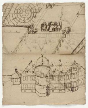 Fahre, Entwürfe für ein Lustschloss (recto und verso), Schmidtfarth, Schmiedemühle und Eisenhammer (verso, unten)