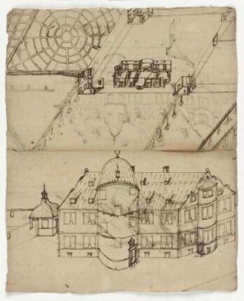 Fahre, Entwürfe für ein Lustschloss (recto und verso), Schmidtfarth, Schmiedemühle und Eisenhammer (verso, unten)