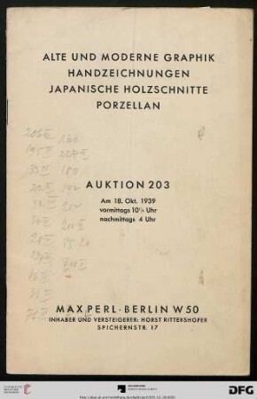 Alte und moderne Graphik, Handzeichnungen, japanische Holzschnitte, Porzellan : 18. Oktober 1939 (Katalog Nr. 203)