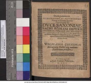 Oratio gratulatoria Illustrissimo Et Potentissimo ... Domino Christiano II. Duci Saxoniae ...