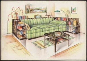 Sofa, Dreisitzer mit niedrigem Regalanbau; links: eintüriger Schrank und Bücherregal; rechts: zweitüriges Schränkchen mit Glastüren und Regalaufsatz, Tisch mit Schachbrettplatte und Auflage
