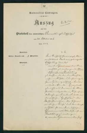 Auszug aus dem Protokoll des akad. Verwaltungsausschusses 30.10.1906