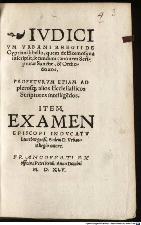 Iudicium de Cypriani Libello, quem de Eleemosyna inscripsit
