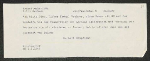 Brief von Gerhart Hauptmann an Fritz Brehmer