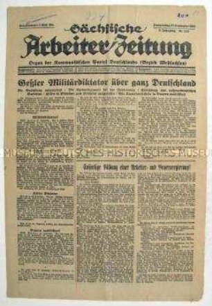 Kommunistische Tageszeitung "Sächsische Arbeiter-Zeitung" zur Erklärung des Ausnahmezustandes für das ganze Reich