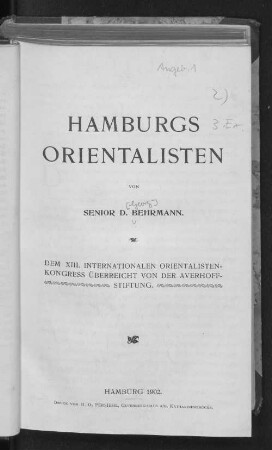 Hamburgs Orientalisten : dem 13. Internationalen Orientalisten-Kongress überreicht von der Averhoff-Stiftung