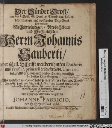 Der Sünder Trost/ aus der I. Epist. St. Pauli an Timoth. cap. I. v. 15.