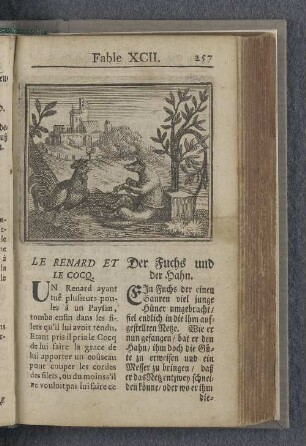 Fable XCII. : Le renard et le cocq. Der Fuchs und der Hahn.