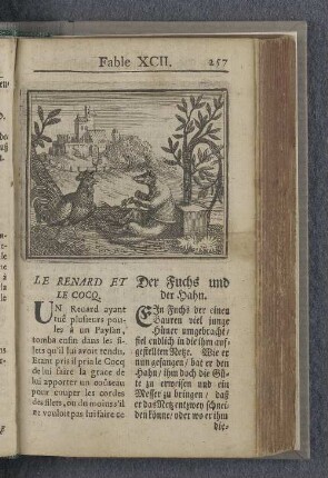 Fable XCII. : Le renard et le cocq. Der Fuchs und der Hahn.