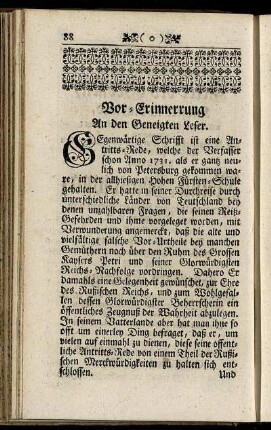 Vor-Erinnerung An den geneigten Leser. - Durchlauchtigster Printz, ... Meine Zuhörer!