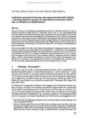 Lexikalisch-semantische Passung und argumentstrukturelle Trägheit – eine korpusbasierte Analyse zur Alternation zwischen dass-Sätzen und zu-Infinitiven in Objektfunktion