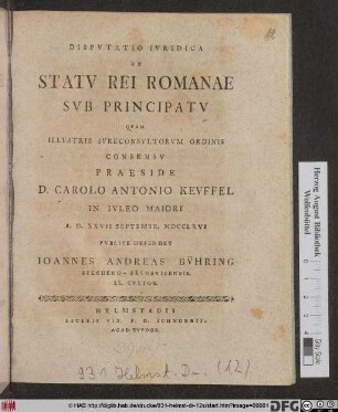 Disputatio Ivridica De Statv Rei Romanae Svb Principatv