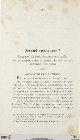 Second appendice: Longueur du pied, du stade et du mille chez les Romains, d’après les mesures, des côtés des bases des Pyramides et du Sphinx