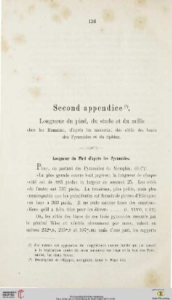 Second appendice: Longueur du pied, du stade et du mille chez les Romains, d’après les mesures, des côtés des bases des Pyramides et du Sphinx