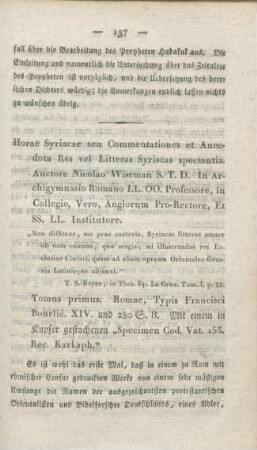 137-146 [Rezension] Wiseman, Nicholas Patrick, Horae Syriacae Seu Commentationes Et Anecdota Res Vel Litteras Syriacas Spectantia, 1
