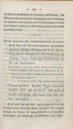 137-146 [Rezension] Wiseman, Nicholas Patrick, Horae Syriacae Seu Commentationes Et Anecdota Res Vel Litteras Syriacas Spectantia, 1