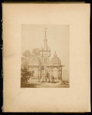 Volière Monatskonkurrenz August 1876: Ansicht: Foto des Aquarells MK 42-013a (nachträglich mit der Nadel punktiert)