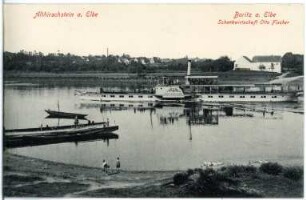 Blick über die Elbe mit Dampfer Hohenzollern auf Althirschstein und Boritz mit der Schankwirtschaft Otto Fischer