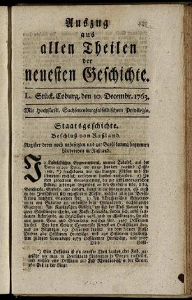L. Stück. Coburg, den 10. Dec. 1763.