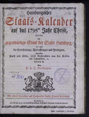 1795: Hamburgischer Staats-Kalender : auf das Jahr