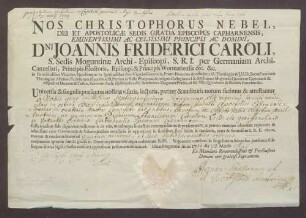 Zeugnis über Erteilung der niederen Weihen für Franz Karl Philipp Anton Greiffenclau von Vollrads.