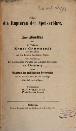 Ueber die Rupturen der Speiseröhre : Inaug. Abh.