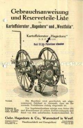 Gebrauchsanweisung und Ersatzteilliste für Kartoffelernter "Hagedorn"