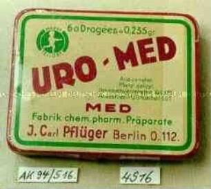 Blechdose für "60 Dragées à 0,235 gr. URO-MED MED Fabrik chem. pharm. Präparate J. Carl Pflüger Berlin O.112."