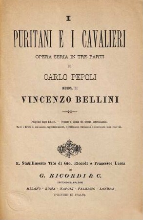 I puritani e i cavalieri : opera seria in tre parti