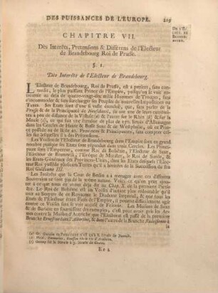 Chapitre VII. Des Intérets, Pretensions & Différens de l'Electeur de Brandebourg Roi de Prusse.