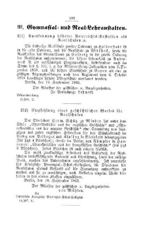 Anerkennung höherer Unterrichtsanstalten als Realschulen etc. : [III. Gymnasien und Realschulen]