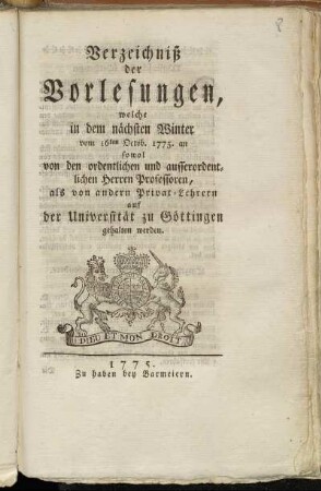 WS 1775: Verzeichnis der Vorlesungen // Georg-August-Universität Göttingen