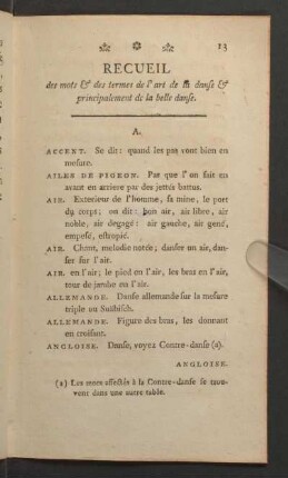 Recueil des mots & des termes de l'art de la danse & principalement de la belle danse