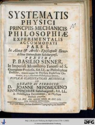 Pars 1: Systematis Physici Principiis Mechanicis Philosophiae Experimentalis Accomodati Pars ...