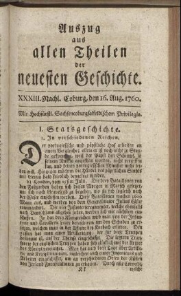 XXXIII. Nachl. Coburg, den 16. Aug. 1760.