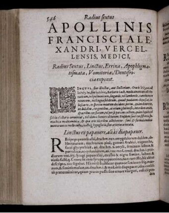 Radius Sextus, Linctus, Errina, Apophlegmatismata, Vomitoria, Dentifricia exponit.