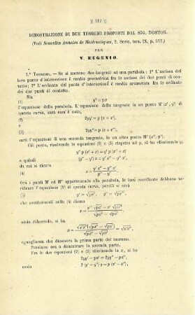 Dimostrazione di due teoremi propsti dal sig. Dostor nei Nouvelles Annales de Mathématiques