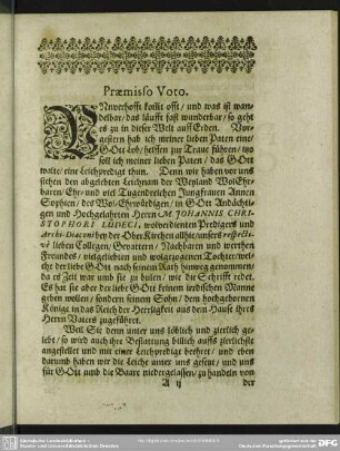 Leichenpredigt : Christliche Leichpredigt. Praemisso Voto. Textus. Exordium. Erklärung des Texts