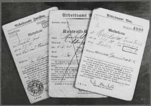 Meldekarte der Arbeitsämter Zwickau und Aue (sogennante Stempelkarten) für den erwerbslosen Tischler Erich Meinhold aus Markersbach 1930/33 : Meldekarte der Arbeitsämter Zwickau und Aue für den erwerbslosen Tischler Erich Meinhold