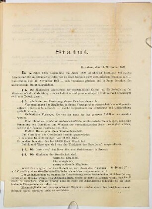 Statut der Schlesischen Gesellschaft für vaterländische Cultur